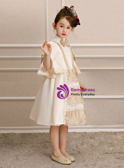 Champagne Satin Lace Appliques SHorton Sleeve Rococo Vintage Dress