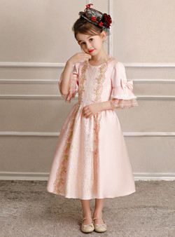 Pink Satin Lace Short Sleeve Tea Length Costume Antonietta Dress Pink Satin Lace Short Sleeve Tea Length Costume Antonietta Dress