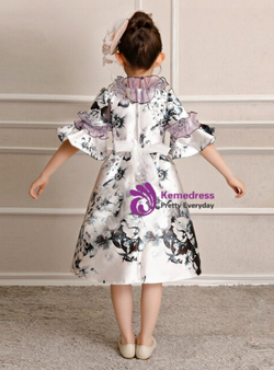 Purple Satin Print Short Sleeve Ruffles Victorian Vintage Dress