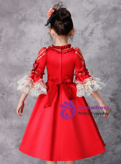Red Satin Print Short Sleeve Lace Rococo Baroque Vintage Dress