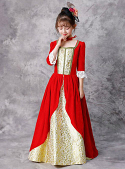 Red Velvet Square Lace 3/4 Sleeve Baroque Rococo Vintage Dress