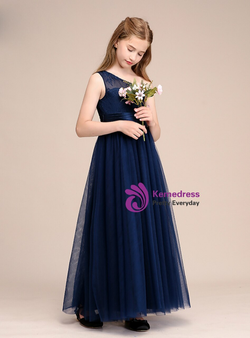 Navy Blue Tulle Lace One Shoulder Sleeveless Flower Girl Dresses