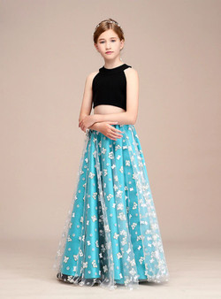 Black Blue Tulle Two Piece Halter Backless Flower Girl Dress