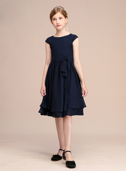 Navy Blue Scoop Chiffon Cap Sleeve Short Flower Girl Dress