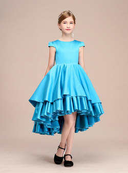 Blue Satin Hi Lo Cap Sleeve Tiers Flower Girl Dress