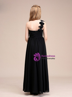 A-Line Black Chiffon One Shoulder Pleats Flower Girl Dress