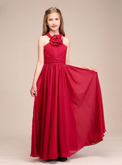 Simple Red Chiffon Halter Pleats Flower Girl Dress
