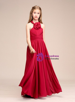 Simple Red Chiffon Halter Pleats Flower Girl Dress