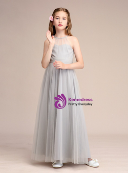Light Gray Tulle Halter Backless Long Flower Girl Dress