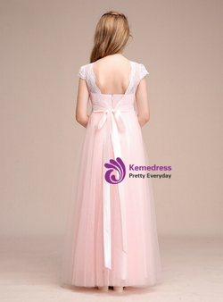 Princess Pink Tulle Lace Cap Sleeve Open Back Flower Girl Dress 