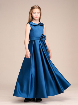 Popular Blue Satin Ankle Length Flower Girl Dress