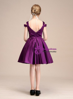 Purple Satin Straps Backless Short Flower Girl Dress