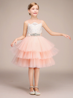 Pink Tulle Lace Tiers Belt Short Flower Girl Dress Pink Tulle Lace Tiers Belt Short Flower Girl Dress