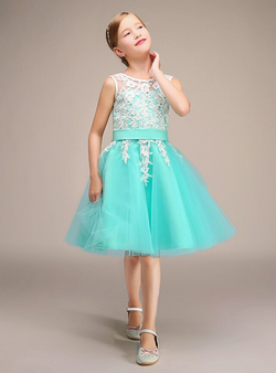 Light Blue Tulle White Lace Knee Length Flower Girl Dress