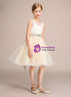 Yellow Tulle Lace See Through Back Flower Girl Dress 