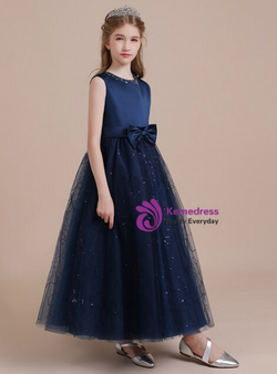 Navy Blue Tulle Sequins Scoop Ankle Length Flower Girl Dress