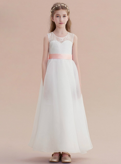 White Tulle Lace Sleeveless Flower Girl Dress With Pink Bow