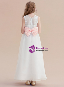 White Tulle Lace Sleeveless Flower Girl Dress With Pink Bow