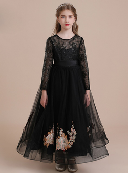 Black Tulle Long Sleeve Appliques Sequins Flower Girl Dress