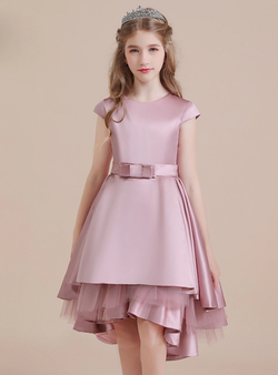 Pink Satin Tulle Scoop Hi Lo Cap Sleeve Flower Girl Dress With Bow