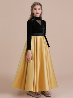 Sweet Black Velvet Gold Satin High Neck Long Sleeve Flower Girl Dress