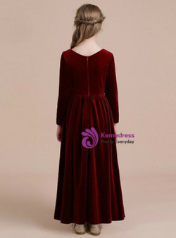 Casual Burgundy Velvet Long Sleeve Flower Girl Dress