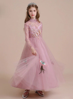 Pink Tulle Appliques Embroidery High Neck Long Sleeve Flower Girl Dress