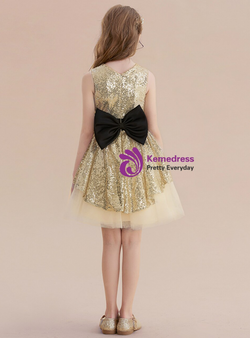 Gold Tulle Sequins Knee Length Flower Girl Dress With Bow