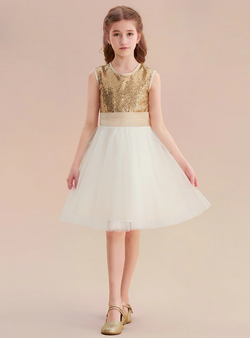 Gold Sequins White Tulle Knee Length Flower Girl Dress With Bow