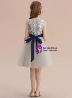 Simple Gray Sequins Tulle Flower Girl Dress With Sash