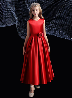 A-Line Burgundy Satin Sleeveless Flower Girl Dress