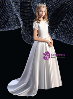Delicate Dreamy White Satin Appliques Cap Sleeve Flower Girl Dress