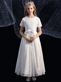White Lace Short Sleeve Bow Flower Girl Dress