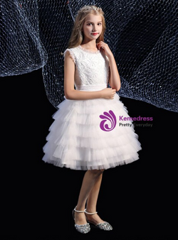 White Tulle Tiers Knee Length Short Flower Girl Dress