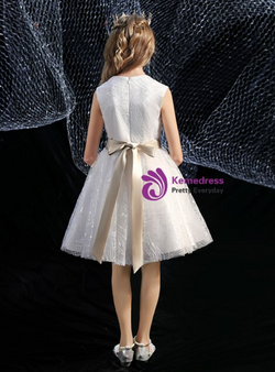 White Tulle Sequins Knee Length Flower Girl Dress With Chmapagne belt