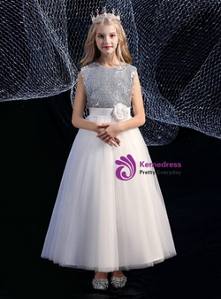 Cheap Silver Sequins White Tulle Flower Girl Dress