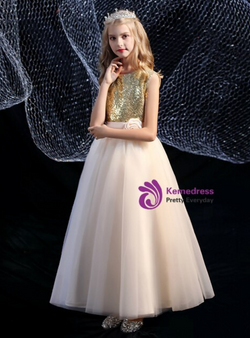 Trendy Champagne Tulle Gold Sequins Flower Girl Dress 