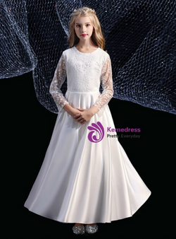 Beautiful White Satin Lace Long Sleeve Flower Girl Dress
