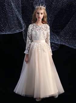 Flattering Champagne Tulle Lace Long Sleeve Flower Girl Dress