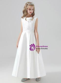 Sweet White Satin Sleeveless Flower Girl Dress With Bow