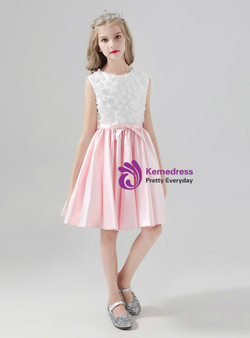 Pink Satin Knee Length Flower Girl Dress With Bow