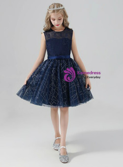 Navy Blue Tulle Sequins Knee Length Flower Girl Dress