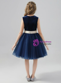 Navy Blue Scoop Tulle Knee Length Flower Girl Dress