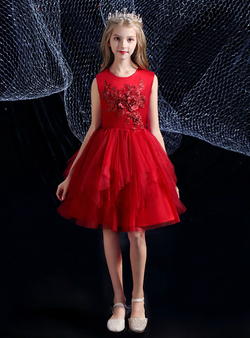 Burgundy Tulle Appliques Knee Length Flower Girl Dress