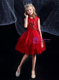 Burgundy Tulle Appliques Knee Length Flower Girl Dress