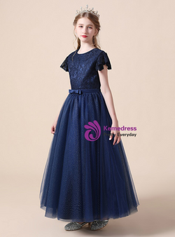 Lovely Navy Blue Tulle Lace Cap Sleeve Flower Girl Dress