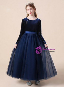 Adorable Navy Blue Tulle Velvet Long Sleeve Flower Girl Dress With Belt