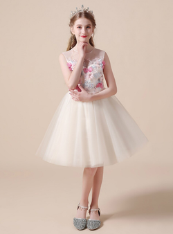 Champagne 3D Colorful Flower Short Flower Girl Dress