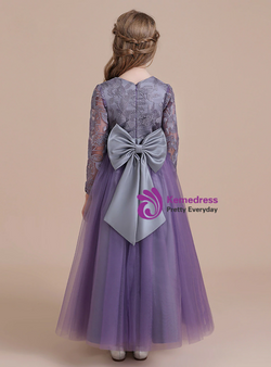 Stunning Purple Tulle Lace Long Sleeve Flower Girl Dress With Bow