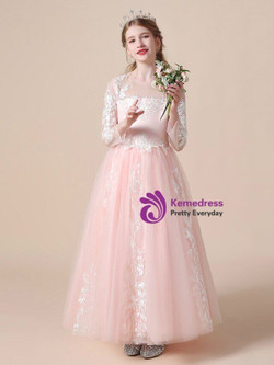 Pink Tulle White Appliques Long Sleeve Flower Girl Dress